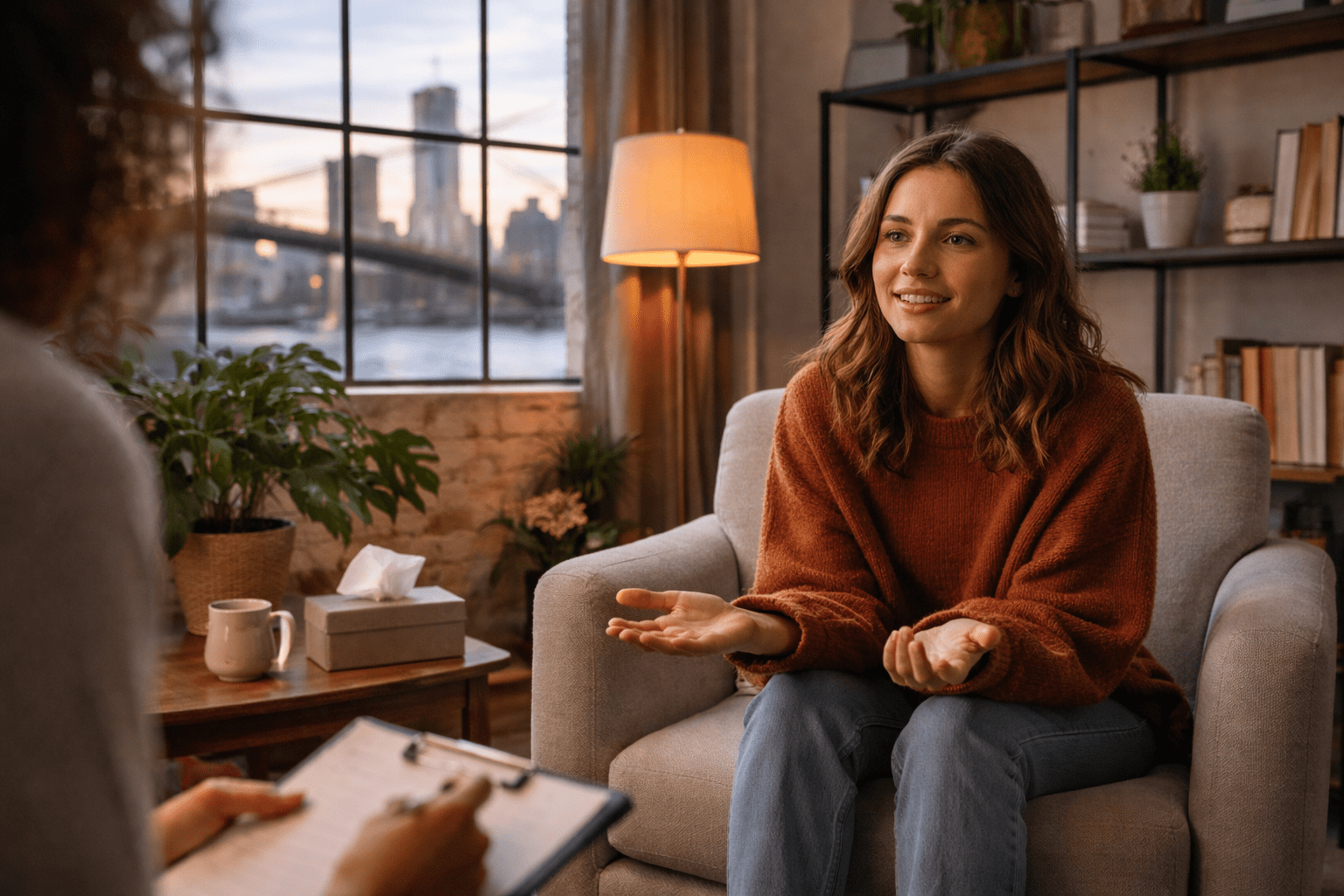 A woman sits in an armchair talking to another person holding a clipboard—her Brooklyn Therapy session unfolds against a backdrop of large windows and shelves, creating a calm and inviting atmosphere.