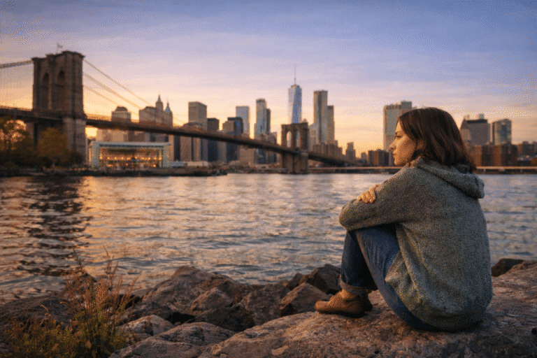 A person sits on rocks by the water at sunset, looking toward the Brooklyn Bridge and Manhattan skyline in New York City, perhaps reflecting after a session of Brooklyn Therapy or seeking peace after therapy in NYC.