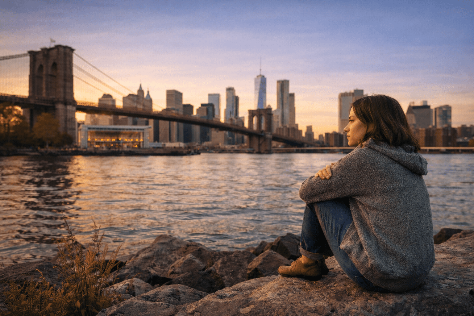 A person sits on rocks by the water at sunset, looking toward the Brooklyn Bridge and Manhattan skyline in New York City, perhaps reflecting after a session of Brooklyn Therapy or seeking peace after therapy in NYC.