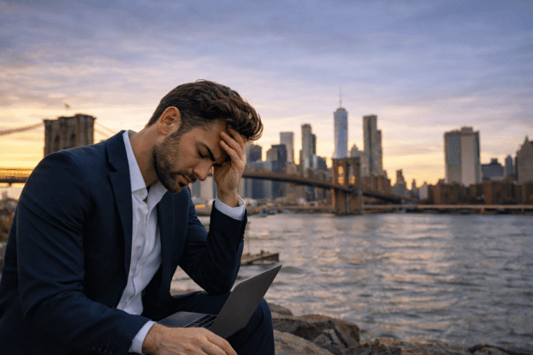 A man in a suit sits by the water in front of a city skyline, holding his head in one hand and looking down at a laptop on his lap, perhaps searching for Brooklyn Therapy or a therapist NYC to help him navigate life’s challenges.