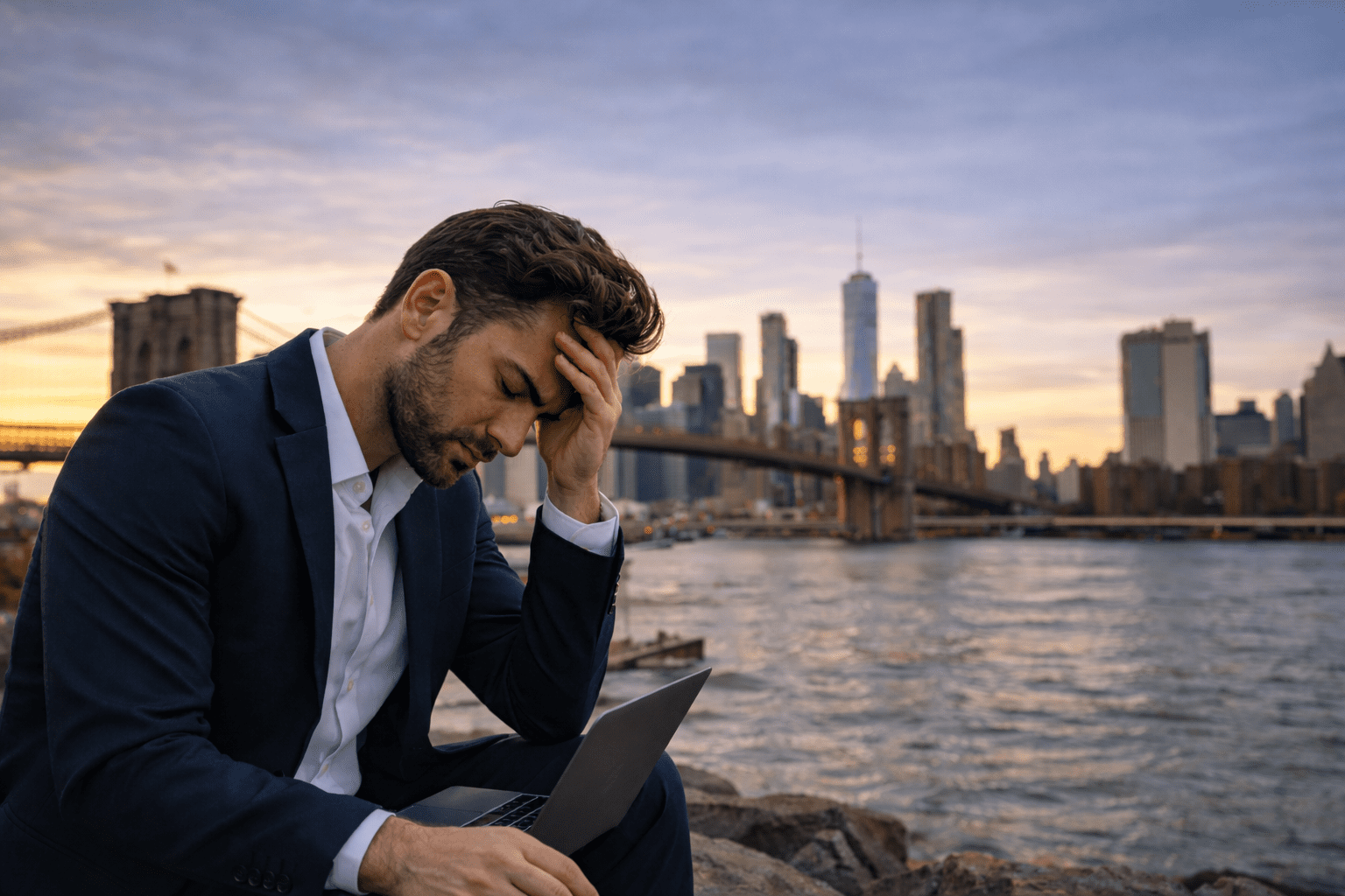 A man in a suit sits by the water in front of a city skyline, holding his head in one hand and looking down at a laptop on his lap, perhaps searching for Brooklyn Therapy or a therapist NYC to help him navigate life’s challenges.