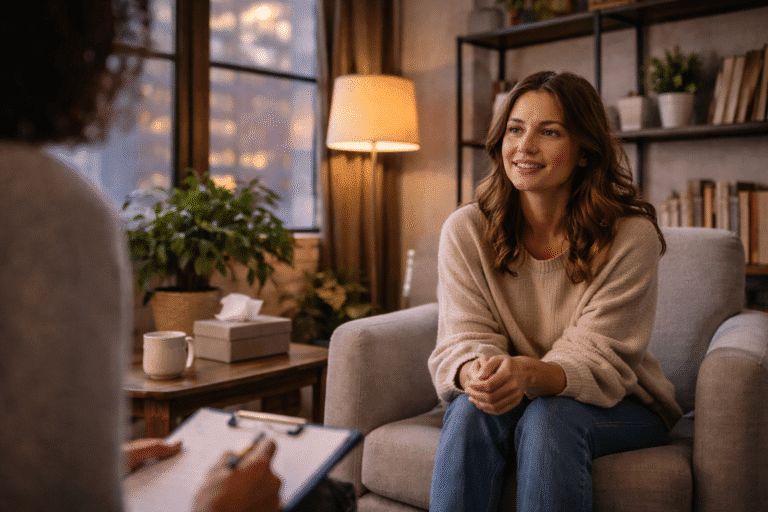 A woman sits on an armchair, smiling and talking to another person holding a clipboard in a warmly lit room with bookshelves and a potted plant, capturing the welcoming atmosphere of Brooklyn Therapy.