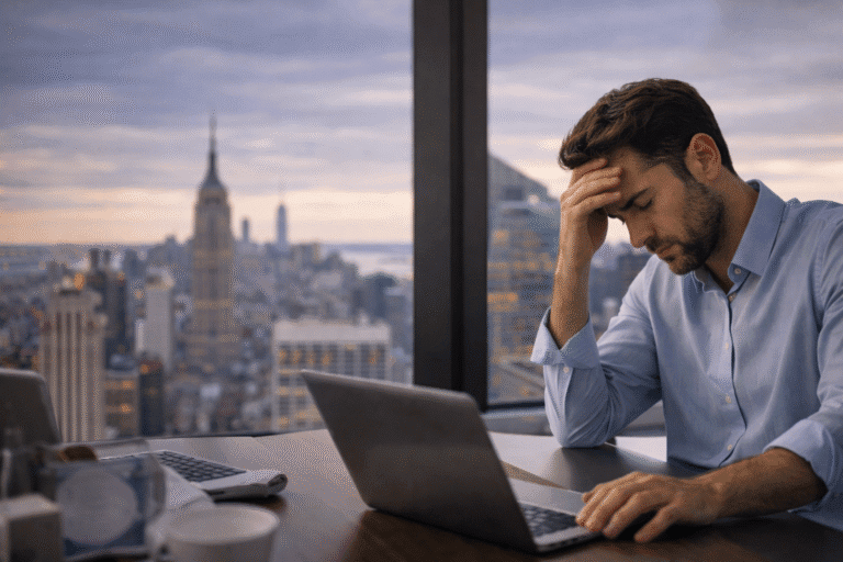 A man sits at a desk with a laptop, resting his head in one hand, appearing stressed. A city skyline is visible through the window behind him, suggesting he may be considering therapy or seeking out a therapist NYC offers for support.
