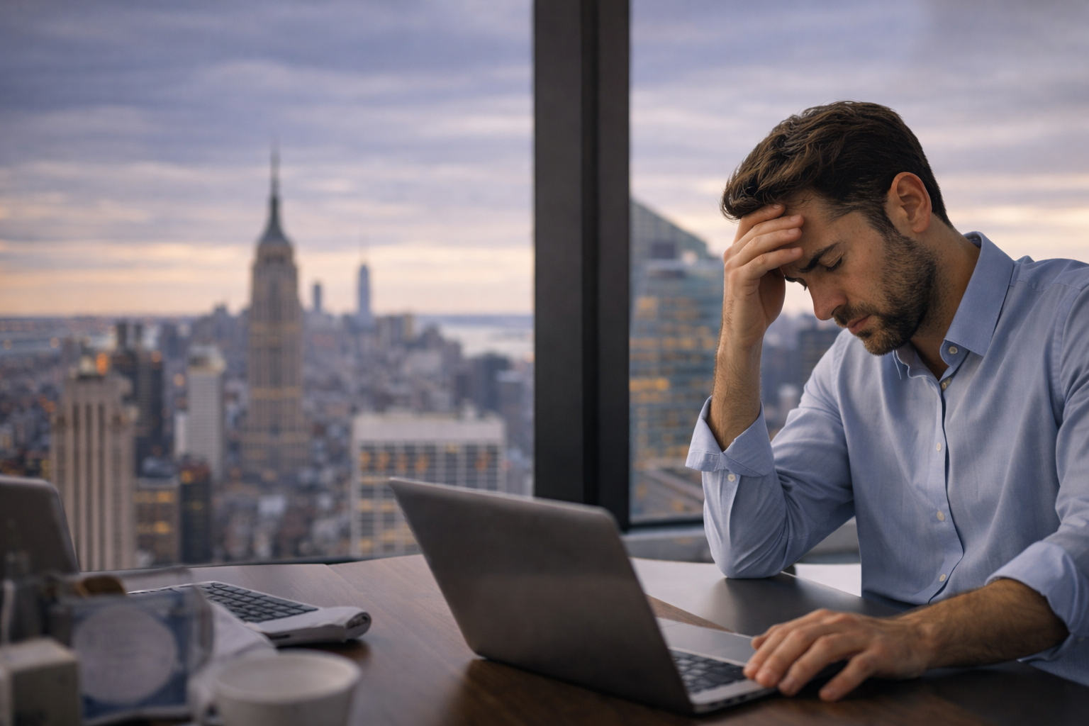 A man sits at a desk with a laptop, resting his head in one hand, appearing stressed. A city skyline is visible through the window behind him, suggesting he may be considering therapy or seeking out a therapist NYC offers for support.