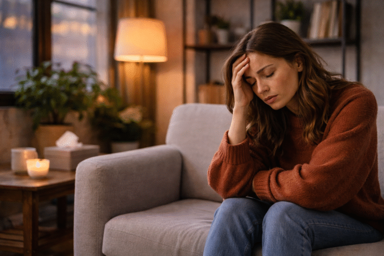 A woman sits on a couch with her head resting on her hand, looking stressed or tired, in a softly lit living room with candles and plants—an inviting space that suggests she might benefit from therapy or guidance from a compassionate therapist NYC residents trust.