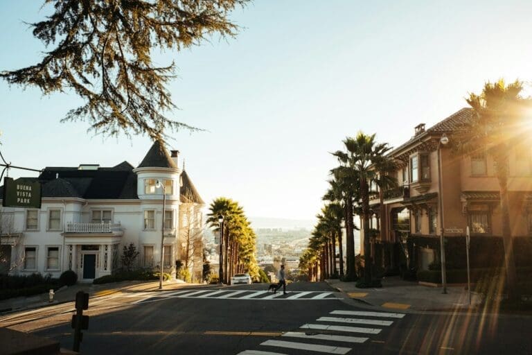 A person walks across a crosswalk on a sunny street lined with palm trees and houses, with a Buena Vista Park sign visible on the left, evoking the tranquil ambiance you might seek after a Brooklyn Therapy session or an afternoon visit to your therapist NYC.